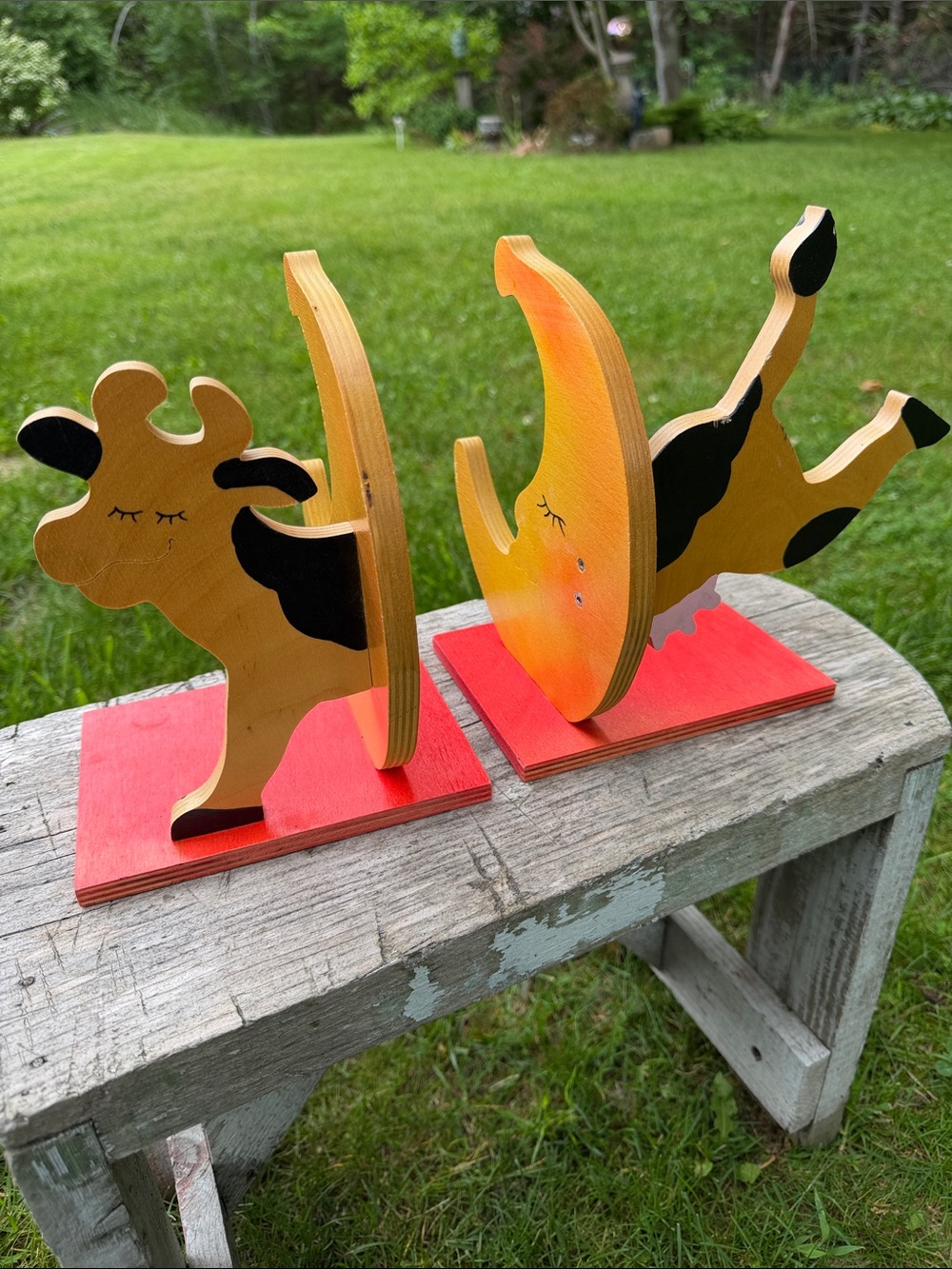 Handmade Wooden Cow Jumped Over The Moon Bookends by Zoodonyms Canada